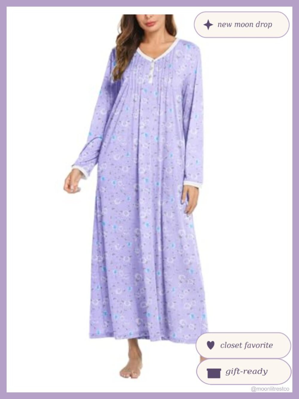 Ekouaer Long Sleeve Full Length Nightgown Henley Sleepshirt Sleep Dress